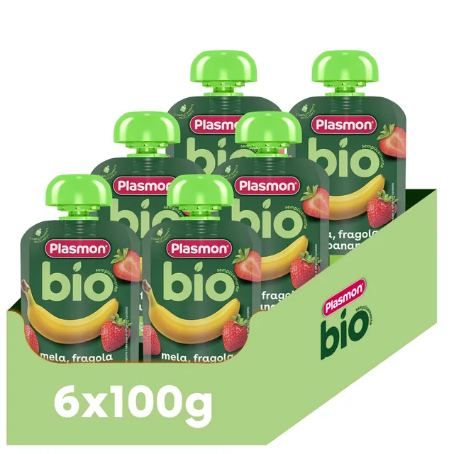 plasmon-frullato-100-frutta-biologica-mela-banana-e-fragola-frullato-b-b-6x100g image 1