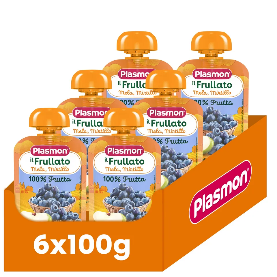 plasmon-frullato-100-frutta-mela-e-mirtilli-compote-6-x-100-g image 1
