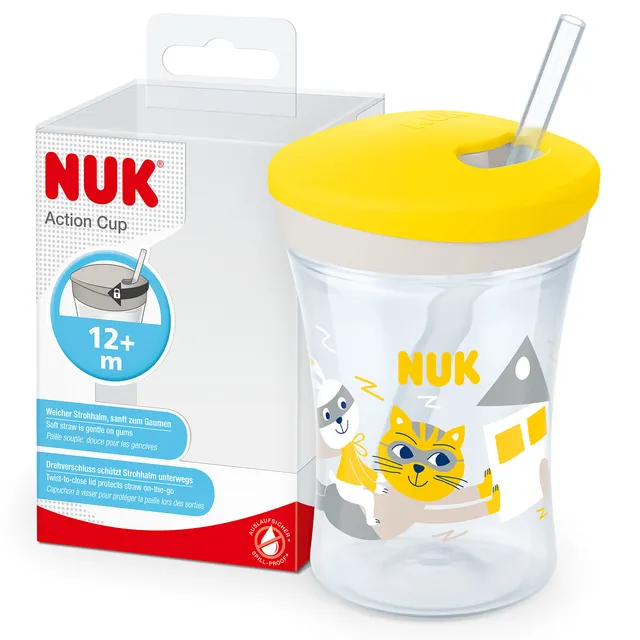 nuk-action-cup-tasse-paille-souple-12-mois-230-ml-chat-jaune-antifuite image 1