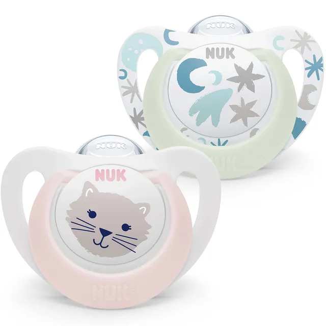 nuk-star-night-day-sucette-b-b-0-6-mois-silicone-phosphorescent-chat-rose-lot-de image 1