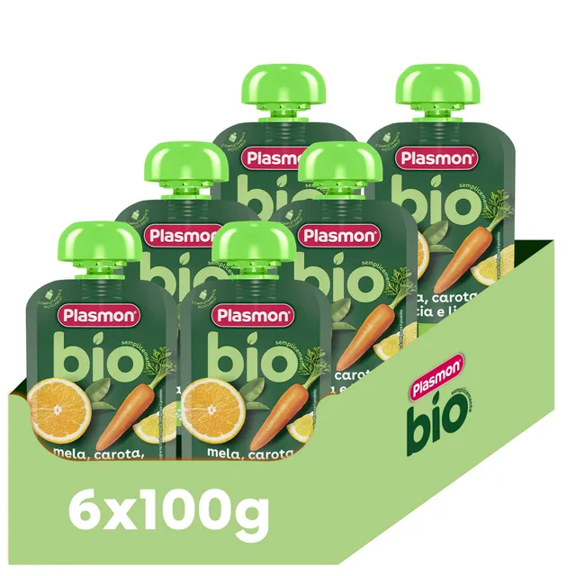 plasmon-bio-frullato-100-frutta-mela-carota-arancia-e-limone-6x100g image 1
