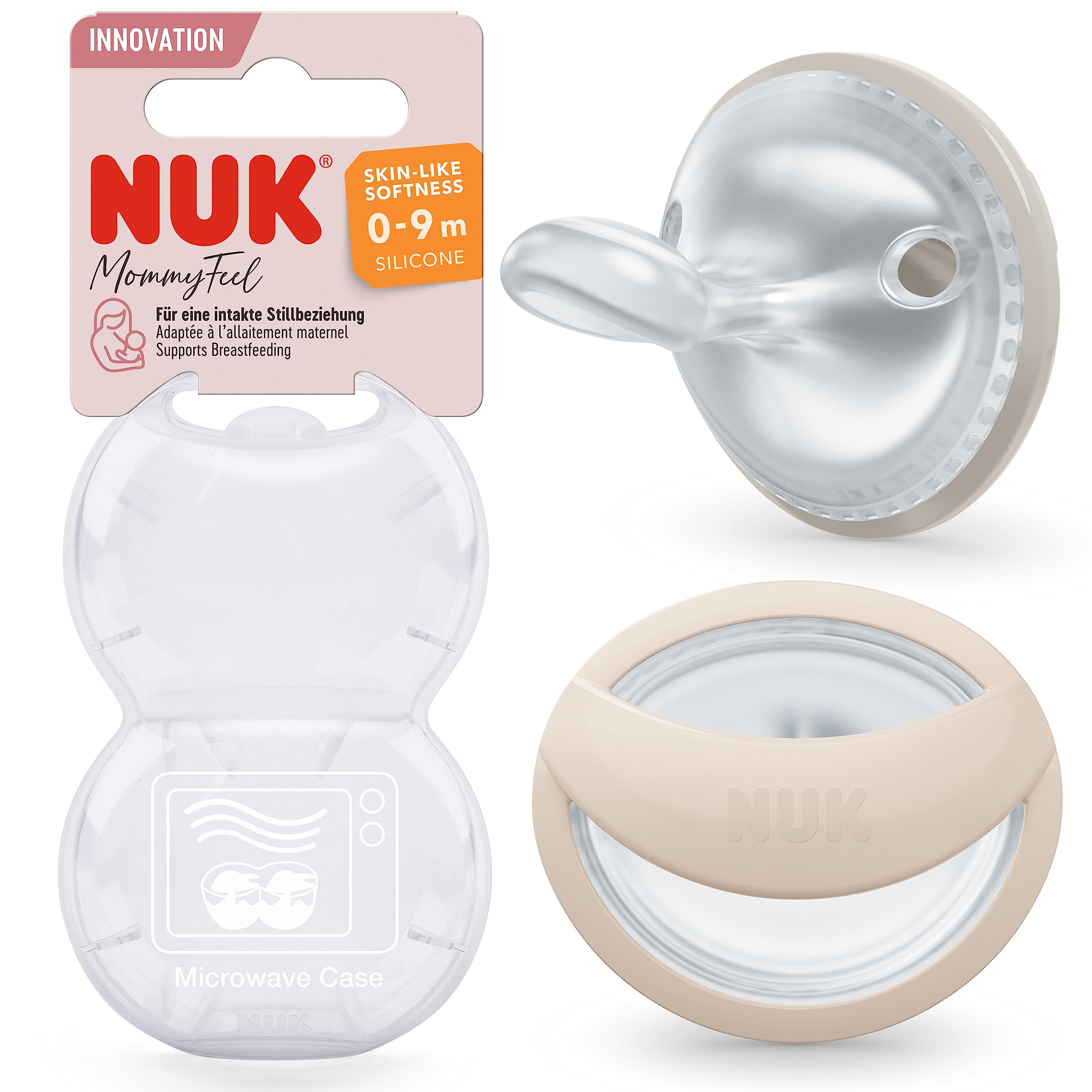nuk-mommyfeel-sucette-b-b-0-9-mois-silicone-compatible-allaitement-gris-beige-et image 1