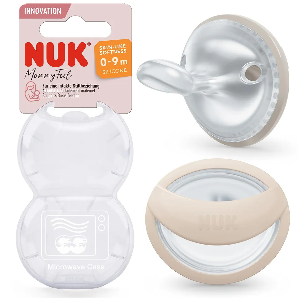 nuk-mommyfeel-sucette-b-b-0-9-mois-silicone-compatible-allaitement-gris-beige-et image 1