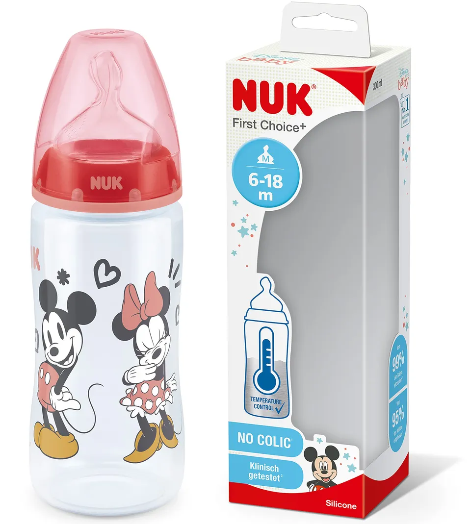 nuk-first-choice-biberon-6-18-mois-150-ml-mickey-et-minnie-avec-contr-le-temp-ra image 1